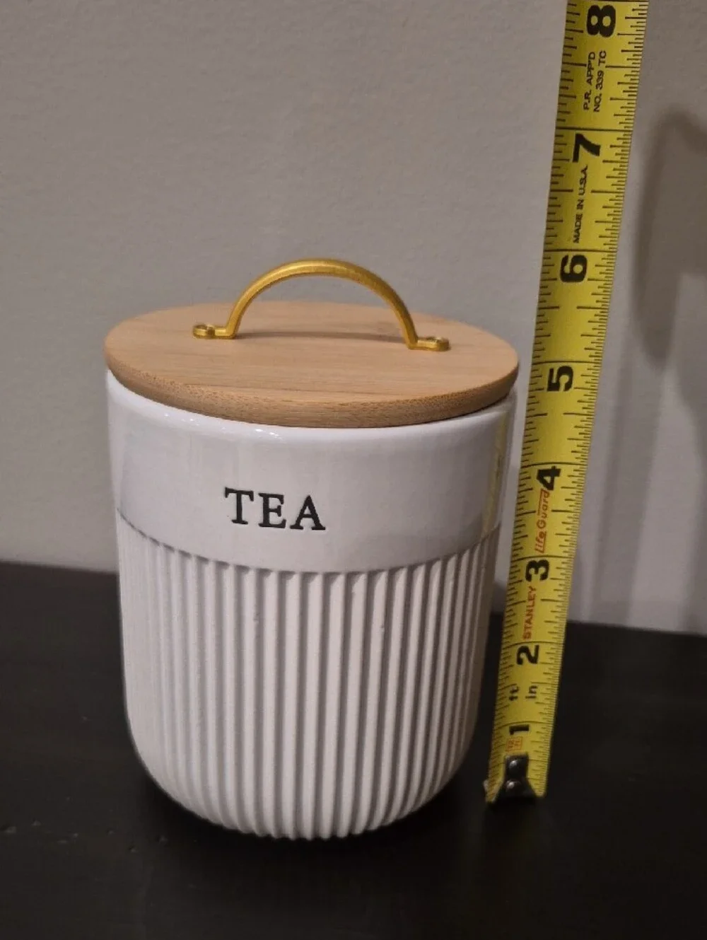 White Ceramic Kitchen Canister Set with Bamboo Lids and Gold Handles - 4 Piece